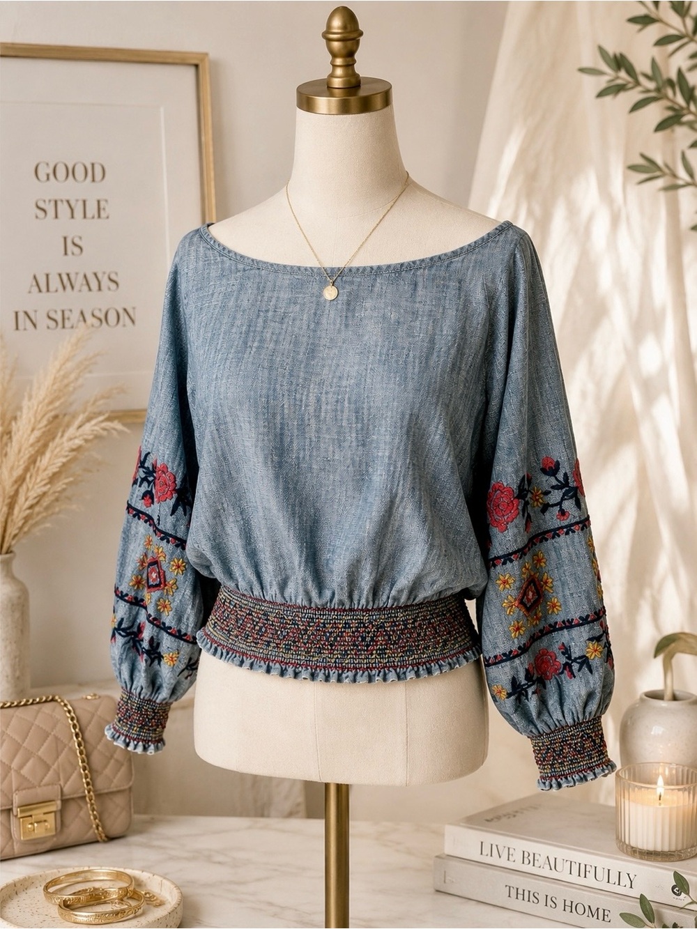 GAP Boho Embroidered Chambray Smocked Top | Festival Chic | Size S | Bundle & 💲